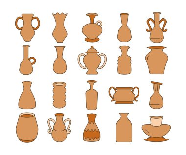 antik vazo, kavanoz ve çömlek simgeleri vektör illüstrasyonunu ayarlar