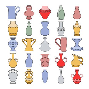 antik vazo, kavanoz ve çömlek simgeleri vektör illüstrasyonunu ayarlar