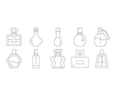 Parfüm şişesi çizgisi simgeleri vektör illüstrasyonunu ayarla
