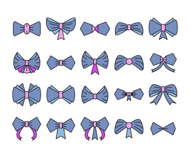 mor dekoratif kurdele ve papyon vektör kümesi çizimi