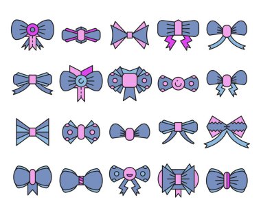 mor dekoratif kurdele ve papyon vektör kümesi çizimi