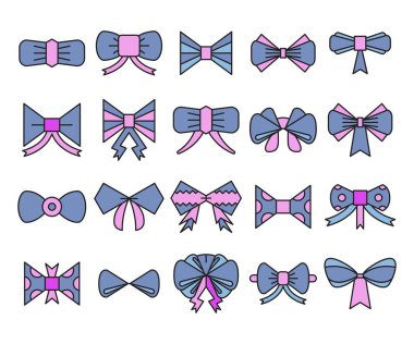 mor dekoratif kurdele ve papyon vektör kümesi çizimi