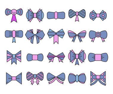 mor dekoratif kurdele ve papyon vektör kümesi çizimi