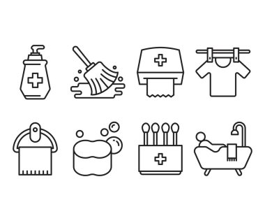 Hijyen ve ev işi çizgisi simgeleri ayarlandı