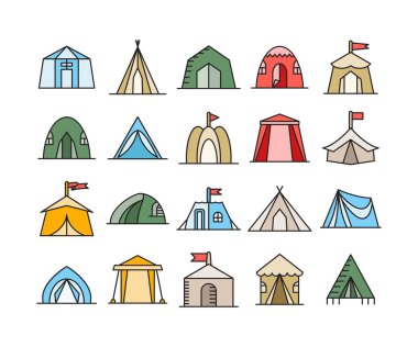 kamp çadırı simgeleri vektör illüstrasyonunu ayarla