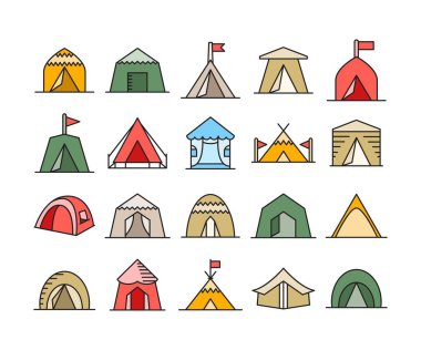 kamp çadırı simgeleri vektör illüstrasyonunu ayarla