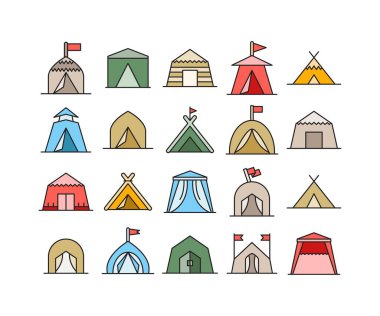 kamp çadırı simgeleri vektör illüstrasyonunu ayarla