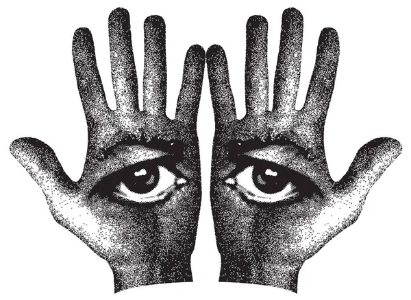 两只人的手 眼睛是一张脸的形状 以隐身术或炼金术为主题的矢量横幅 张开手掌上有眼睛 — 图库矢量图片