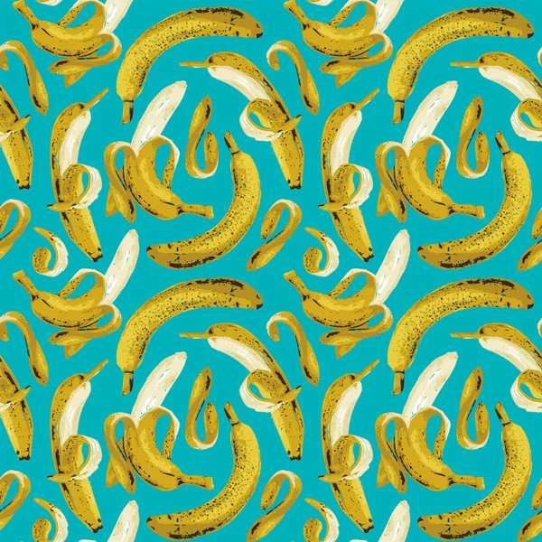 熟したバナナを背景にしたシームレスなパターン 包装紙 夏のデザインに適した全体と半分皮をむいたバナナの果物ベクトルの背景 — ストックベクタ