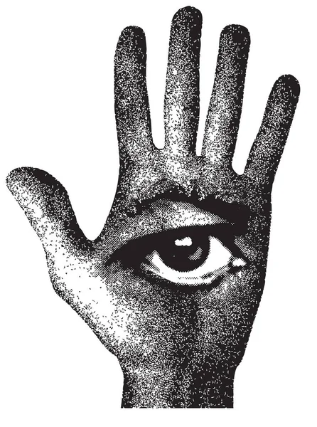 人間の手にはすべての目のシンボルが見えます 第三の目を開いたヤシの上でオカルトや錬金術のテーマにベクトルバナー — ストックベクタ