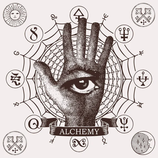 Occult Sign Human Hand Masonic Symbol All Seeing Eye Runes — Stock Vector