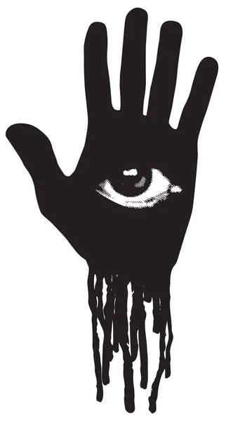 人类的手与睫状体都看得见的眼睛符号和黑色条纹和滴滴 以隐身术或炼金术为主题的病媒横幅 第三只眼睛放在张开的手掌上 — 图库矢量图片