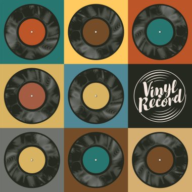 Farklı vinil plakları ve disko tarzında logosu olan klasik vektör pankartı. Plak çalar ve kaligrafik harflerle dolu eski tarz bir müzik posteri. Müzik koleksiyonu