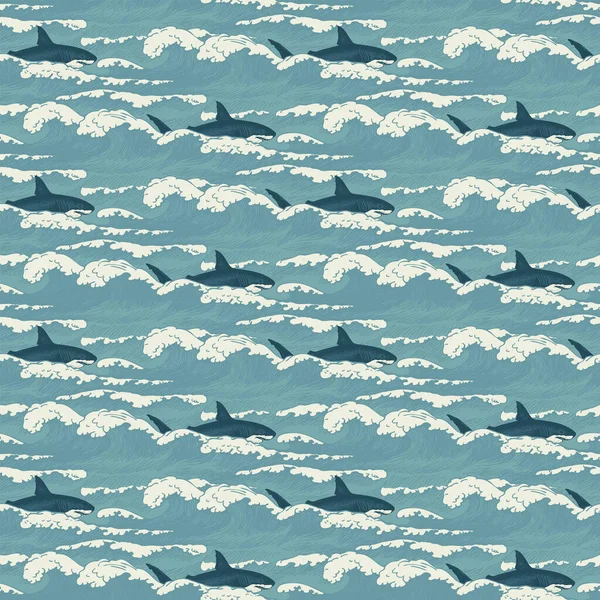 Векторный Бесшовный Узор Нарисованными Вручную Волнами Акулами Стиле Ретро Декоративные — стоковый вектор