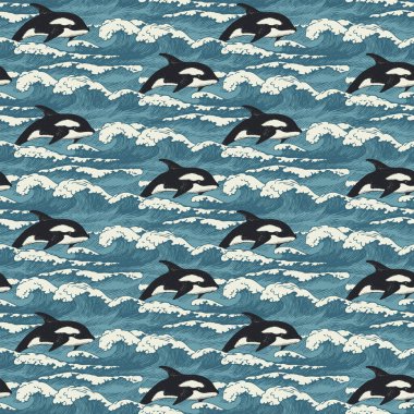 Elle çizilmiş dalgalar ve yüzen katil balinalarla mükemmel bir model. Dekoratif yinelenen deniz ya da okyanus çizimleri, deniz köpüğü kırıcılı mavi fırtına dalgaları