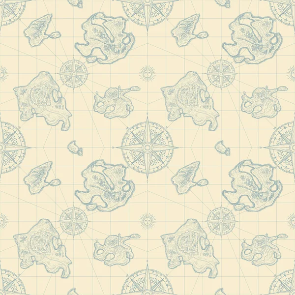 Dekorativní Bezproblémová Mapa Ručně Kreslenými Ostrovy Větrnými Růžemi Moři Starém — Stockový vektor