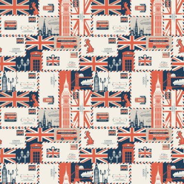 İngiltere ve Londra temalı, zarfları, İngiliz sembolleri, mimari simgeleri ve İngiltere bayrağını retro tarzında gösteren kusursuz bir arka plan. Duvar kağıdı ya da ambalaj kağıdı olarak kullanılabilir