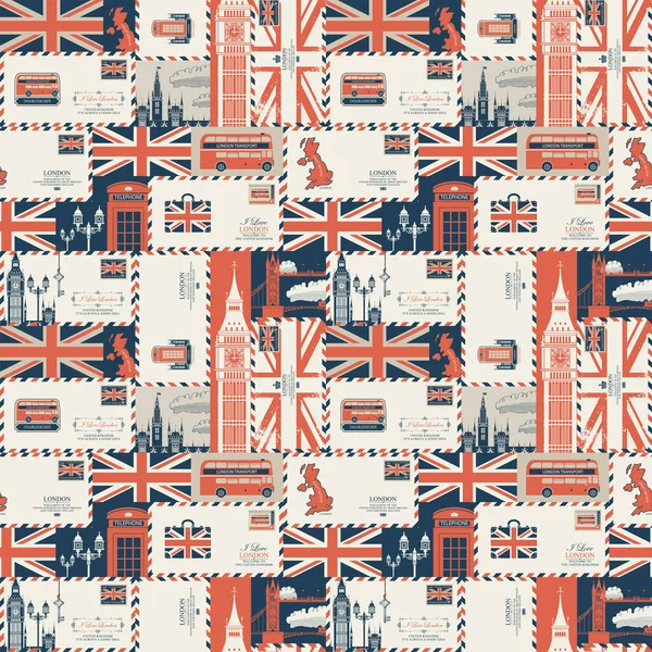 ベクトルシームレス英国とロンドンをテーマにした背景には 英国のシンボル 建築のランドマークやレトロなスタイルで英国の旗があります 壁紙や包装紙として使用できます — ストックベクタ
