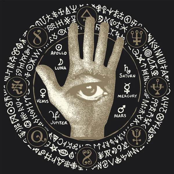 神秘的圆形标志 与人的手与共济会符号的眼睛和运行 以隐身术或炼金术为主题的病媒横幅 第三只眼睛放在张开的手掌上 — 图库矢量图片