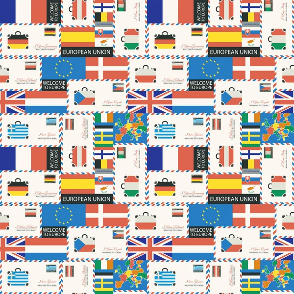 关于前往欧洲联盟国家旅行主题的病媒无缝模式 带有复古风格的旗帜 信封和明信片的可重复背景 适用于墙纸 包装纸 — 图库矢量图片