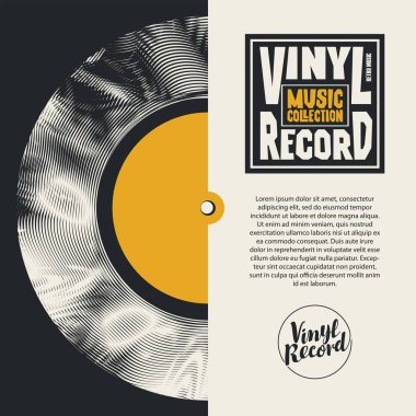 Karton kollu vinil plak ve müzik koleksiyonu olan bir mağazanın logosu. Eski vinil plaklı ve kaligrafik harfli vektör müzik posteri. Müzik koleksiyonu
