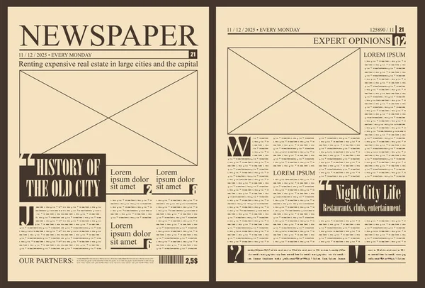 报纸版面设计的矢量模板 具有不可读文字 标题和插图位置的报纸专栏 — 图库矢量图片