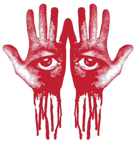 两只人的手 两只手的眼睛是一张脸 两只手是一滴血 以隐身术或炼金术为主题的矢量横幅 张开手掌上有眼睛 — 图库矢量图片