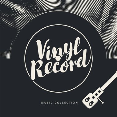 Eski vinil kayıt, kayıt oyuncu ve retro tarzında kaligrafi yazı ile vektör müzik poster. Müzik koleksiyonu