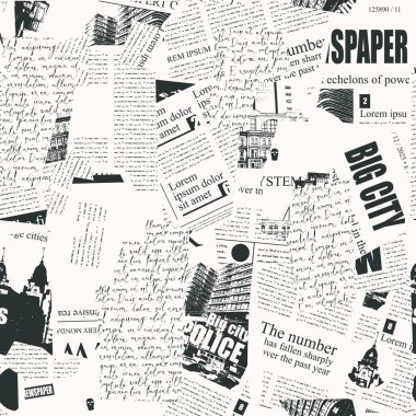 Seamless pattern with collage of newspaper or magazine clippings. Retro style vector background with titles, illustrations and imitation text. Suitable for wallpaper design, wrapping paper, fabric clipart