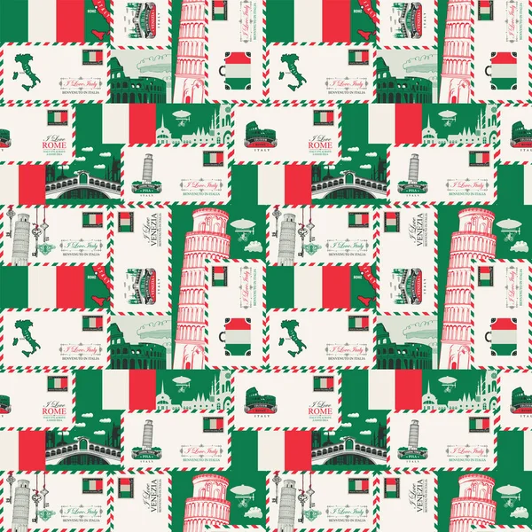 stock vector Vector seamless patern Background on Italy theme with envelopes, architectural landmarks and Italian flag in retro style. Can be used as wallpaper or wrapping paper