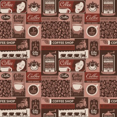 Kahve ve kahvehane temalı ve retro tarzında yazılar ve çizimler içeren kusursuz bir şablon. Duvar kağıdı, ambalaj kağıdı veya kumaş ve etiket olarak kullanılabilir