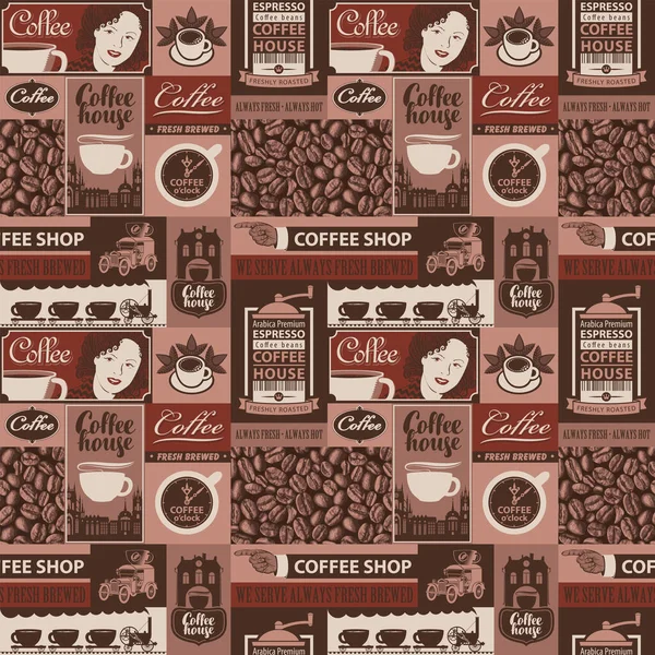 咖啡和咖啡屋主题上的矢量无缝图案 带有复古风格的题词和插图 可用作墙纸 包装纸或织物及标签 — 图库矢量图片