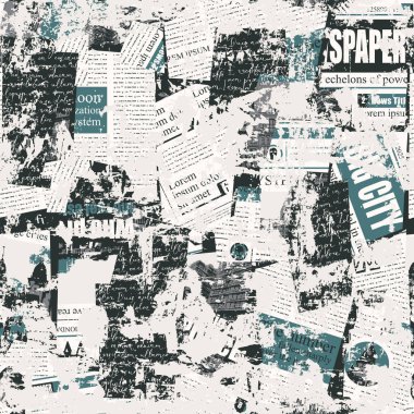 Gazete ya da dergi küpürlerinin aşınmış kolajıyla soyut, pürüzsüz bir desen. Başlıkları, illüstrasyonları ve metin taklit ile grunge biçiminde vektör arkaplanı.