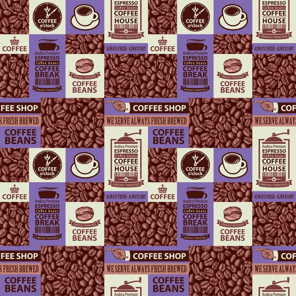 Vektornahtloses Muster Auf Kaffee Und Kaffeehausthema Mit Frisch Gerösteten Kaffeebohnen — Stockvektor