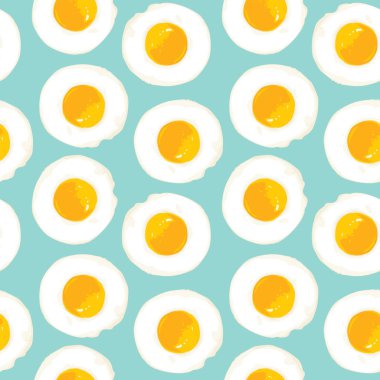 Sabah kahvaltısı kusursuz desenli ve çizgi film tarzında leziz sahanda yumurta. Bir sürü çırpılmış yumurtayla vektör geçmişi. Duvar kağıdı, ambalaj kağıdı, kumaş tasarımı için uygun