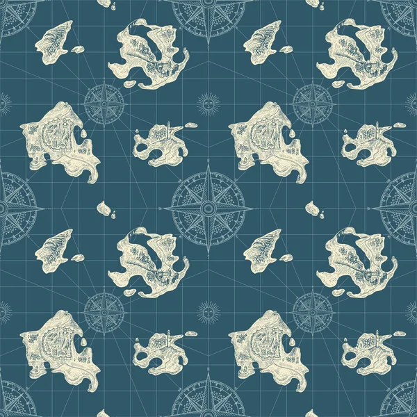 Dekoracyjna Bezszwowa Mapa Wzorów Ręcznie Rysowanych Wysp Róż Wiatrowych Morzu — Wektor stockowy