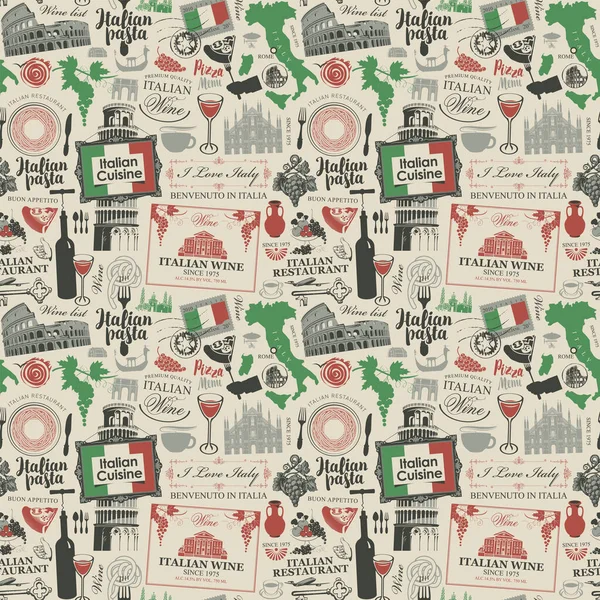 レトロなスタイルでイタリアの旗の色でイタリア料理とイタリア料理をテーマにしたシームレスなパターン ランドマーク 食べ物や飲み物とベクトルの背景 包装紙 布に適しています — ストックベクタ