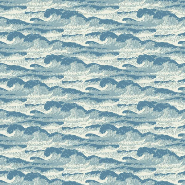 矢量无缝图案 手绘波以复古风格 有装饰重复的海或海的例子 用泡沫破裂的蓝色的暴风雨波 — 图库矢量图片