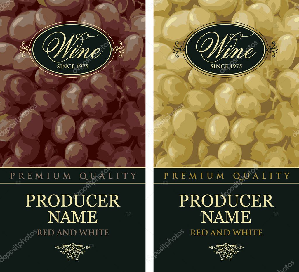 Set of vertical wine labels with realistic bunches of delicious grapes and calligraphic inscriptions in figured frames on various backgrounds. Vector illustration. Collection of quality wines