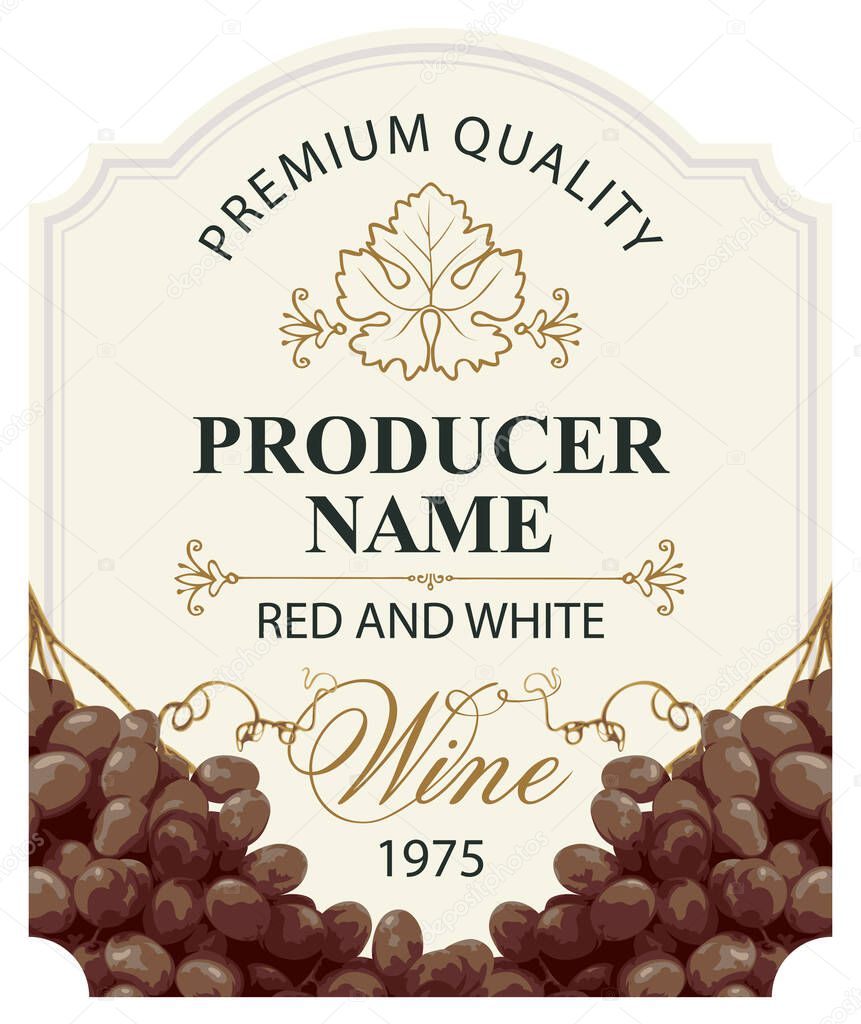 Wine labels with realistic bunches of delicious red grapes and calligraphic inscriptions in figured frames on various backgrounds. Vector illustration. Collection of quality wines