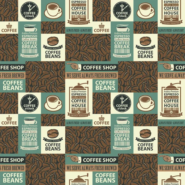 咖啡和咖啡屋主题的矢量无缝图案 用新鲜烘烤的咖啡豆 碑文和复古风格的插图 适用于墙纸 包装纸或织物 — 图库矢量图片