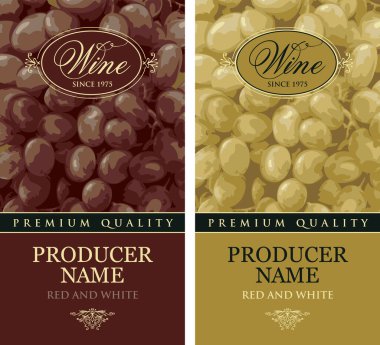 Çeşitli arka planlarda şekillendirilmiş çerçevelerde gerçekçi üzüm demetleri ve kaligrafik yazıtlar içeren dikey şarap etiketleri. Vektör çizimi. Kaliteli şarap koleksiyonu