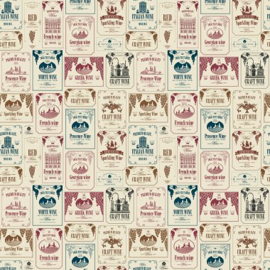 Üzüm, manzara, şaraphane, şato, yelkenli, meyve ve benzeri çeşitli şarap etiketli şarap temalı vektör kusursuz desen