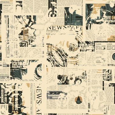 Gazete ya da dergi küpürlerinden oluşan kolajlı kusursuz desen. Başlık, illüstrasyon ve metin taklidi ile geçmişe dönük arkaplan. Duvar kağıdı, ambalaj kağıdı, kumaş için uygun.