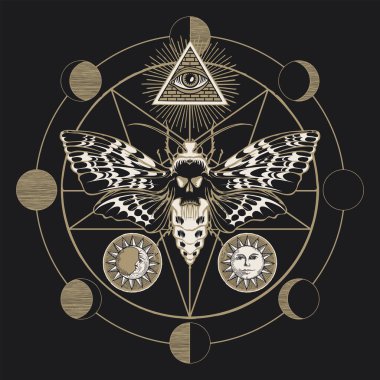 Hand-drawn scary butterfly moth dead head on the background of magical symbols pentagram, moon phases in a circle. Witchcraft, occult attributes, alchemical signs. clipart