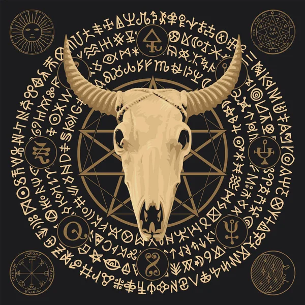 Vector Illustration Horned Goat Head Pentagram Occult Witchcraft Signs Symbol — Stock Vector