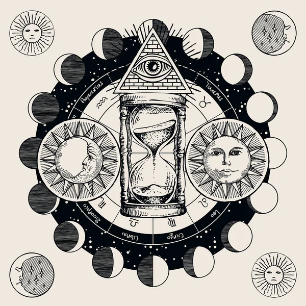 Vector Circle Zodiac Signs Hand Drawn Hourglass Sun Moon Phases — Vector de stock