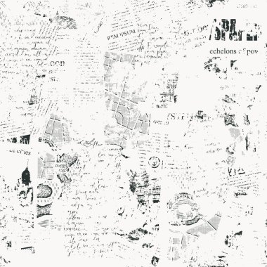 Gazete ya da dergi kolajı ve harita küpürleri ile kusursuz desen. Başlıkları, çizimleri ve taklit metni olan Retro biçimi vektör arkaplanı. Duvar kağıdı tasarımı ve ambalaj kağıdı için uygun