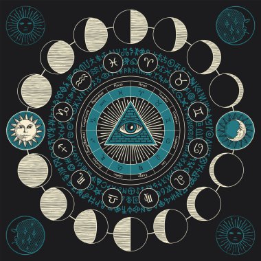 Vector circle of Zodiac signs with hand-drawn Masonic symbol all-seeing eye, Sun and and moon phases. Retro banner with horoscope symbols for astrological forecasts.