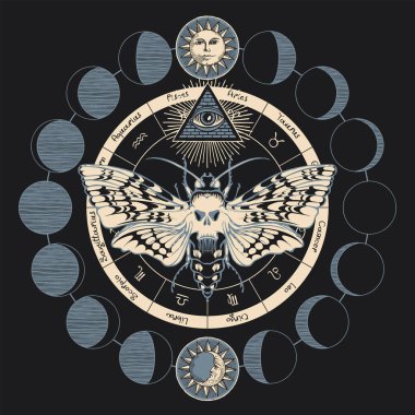 El çizimi korkunç kelebek güvesi arka plandaki sihirli burç sembollerinin üzerinde ölü kafa, daire şeklinde ay evreleri. Büyücülük, okült özellikler, simya işaretleri..